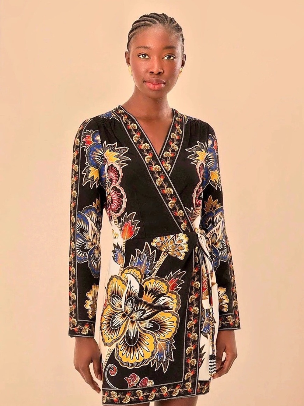 FARM Floral Wrap Mini Dress in Black Size Small Like New